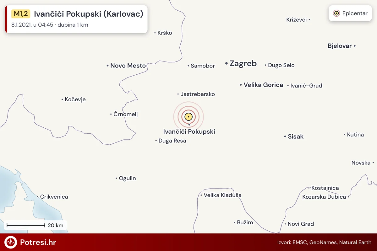 Karta: šire područje i vjerojatni doseg osjeta, potres M1,2, Ivančići Pokupski (Karlovac), 8.1.2021.