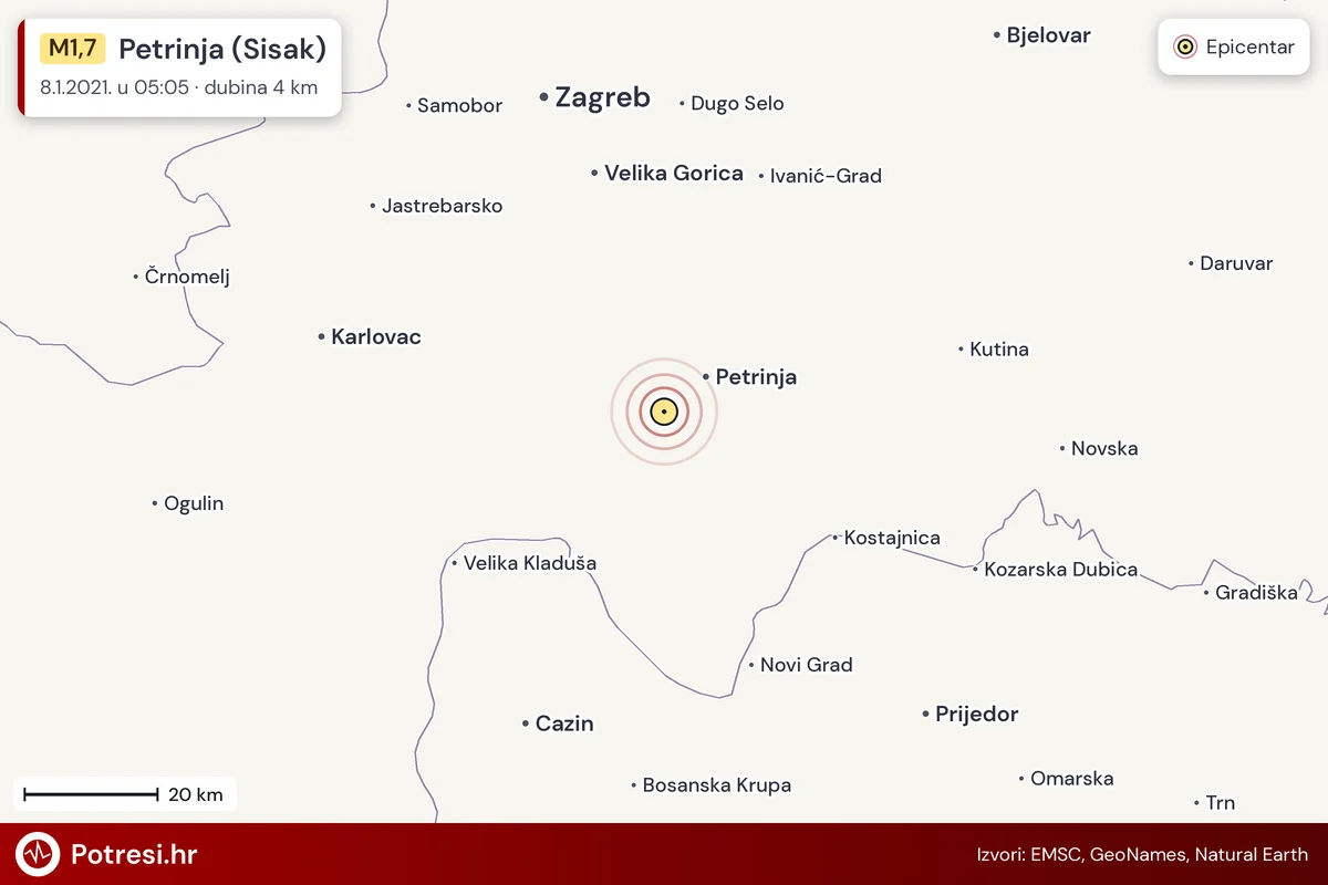 Karta: šire područje i vjerojatni doseg osjeta, potres M1,7, Petrinja (Sisak), 8.1.2021.