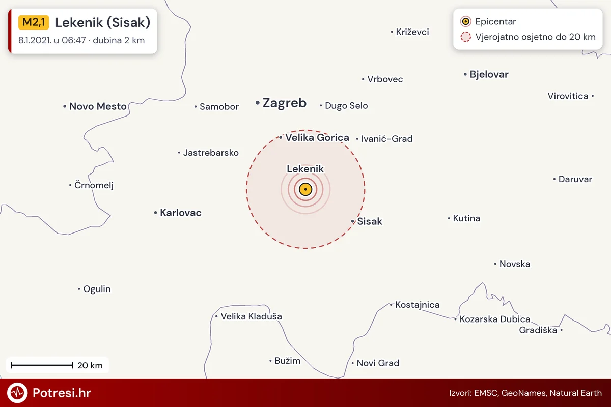 Karta: šire područje i vjerojatni doseg osjeta, potres M2,1, Lekenik (Sisak), 8.1.2021.