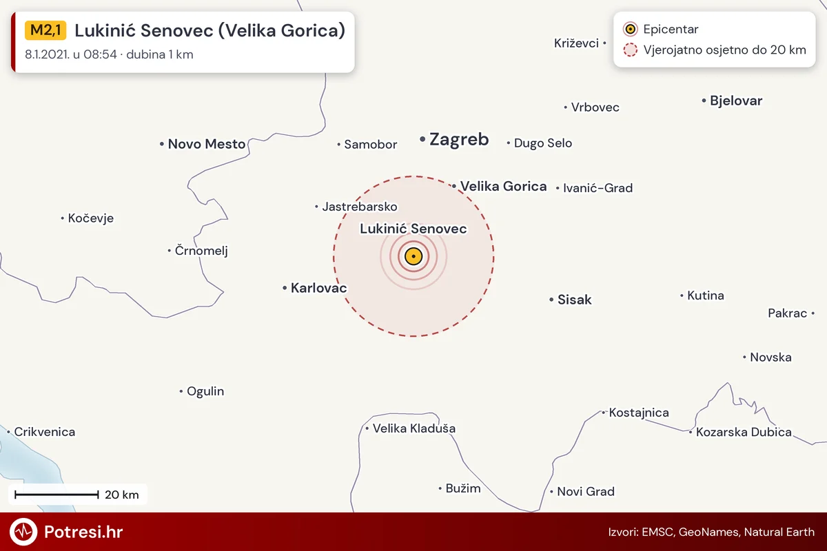 Karta: šire područje i vjerojatni doseg osjeta, potres M2,1, Lukinić Senovec (Velika Gorica), 8.1.2021.