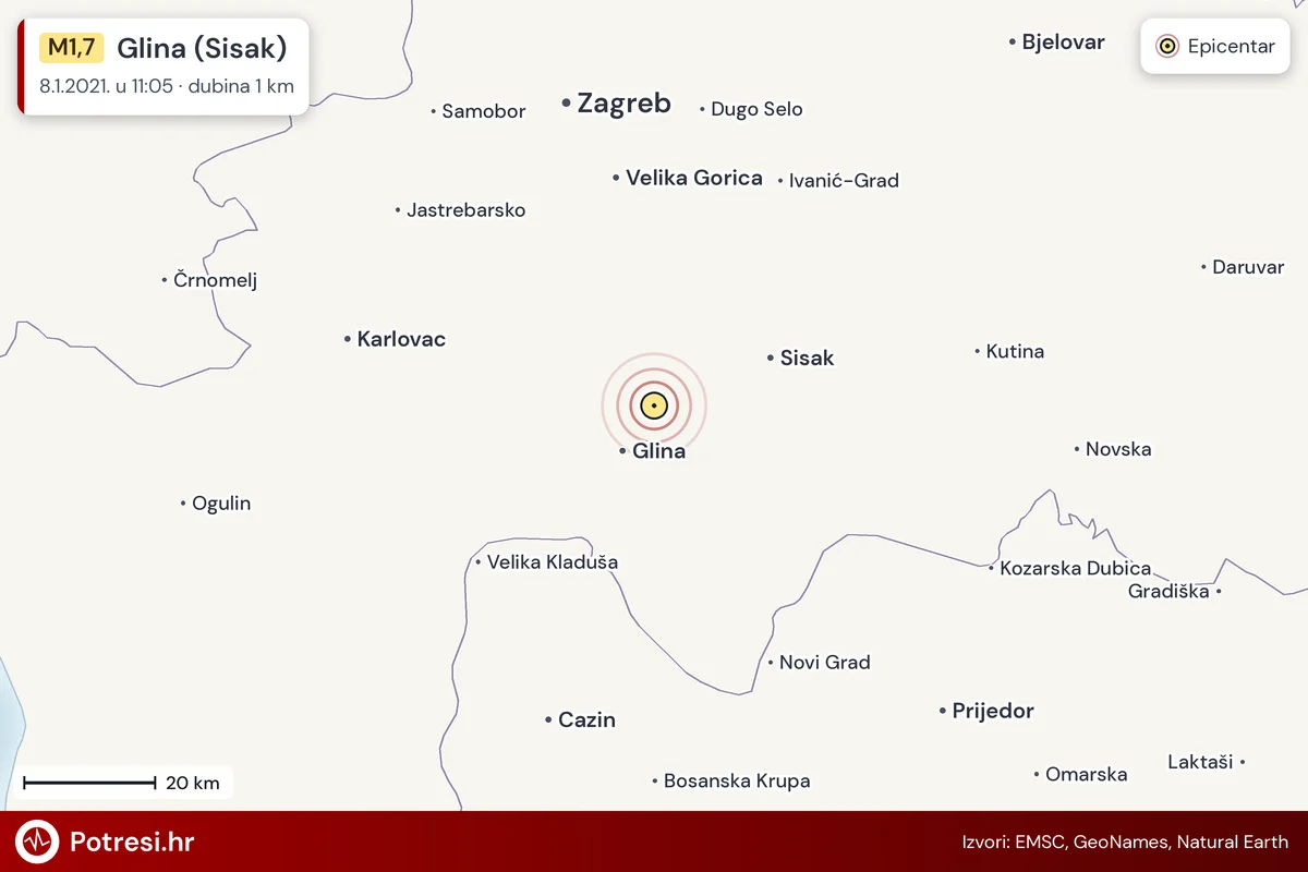 Karta: šire područje i vjerojatni doseg osjeta, potres M1,7, Glina (Sisak), 8.1.2021.