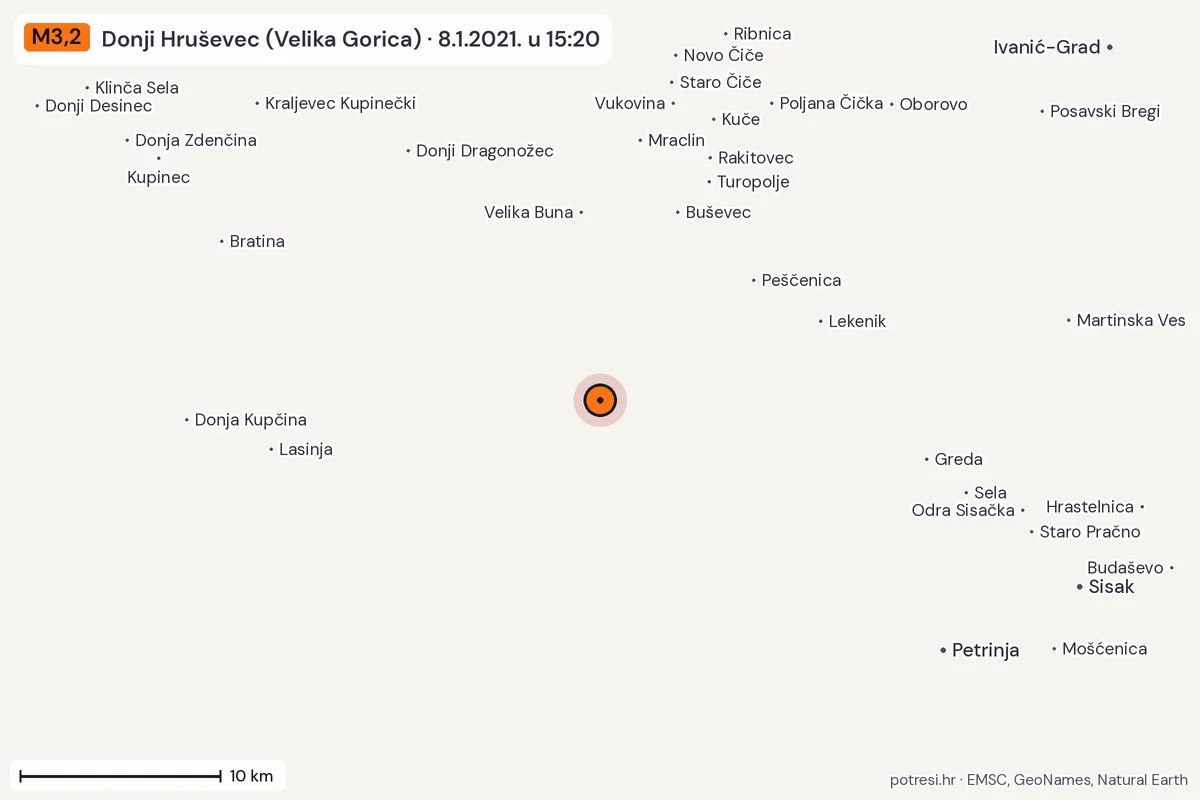 Karta: okolica epicentra, 60 km, potres M3,2, Donji Hruševec (Velika Gorica), 8.1.2021.