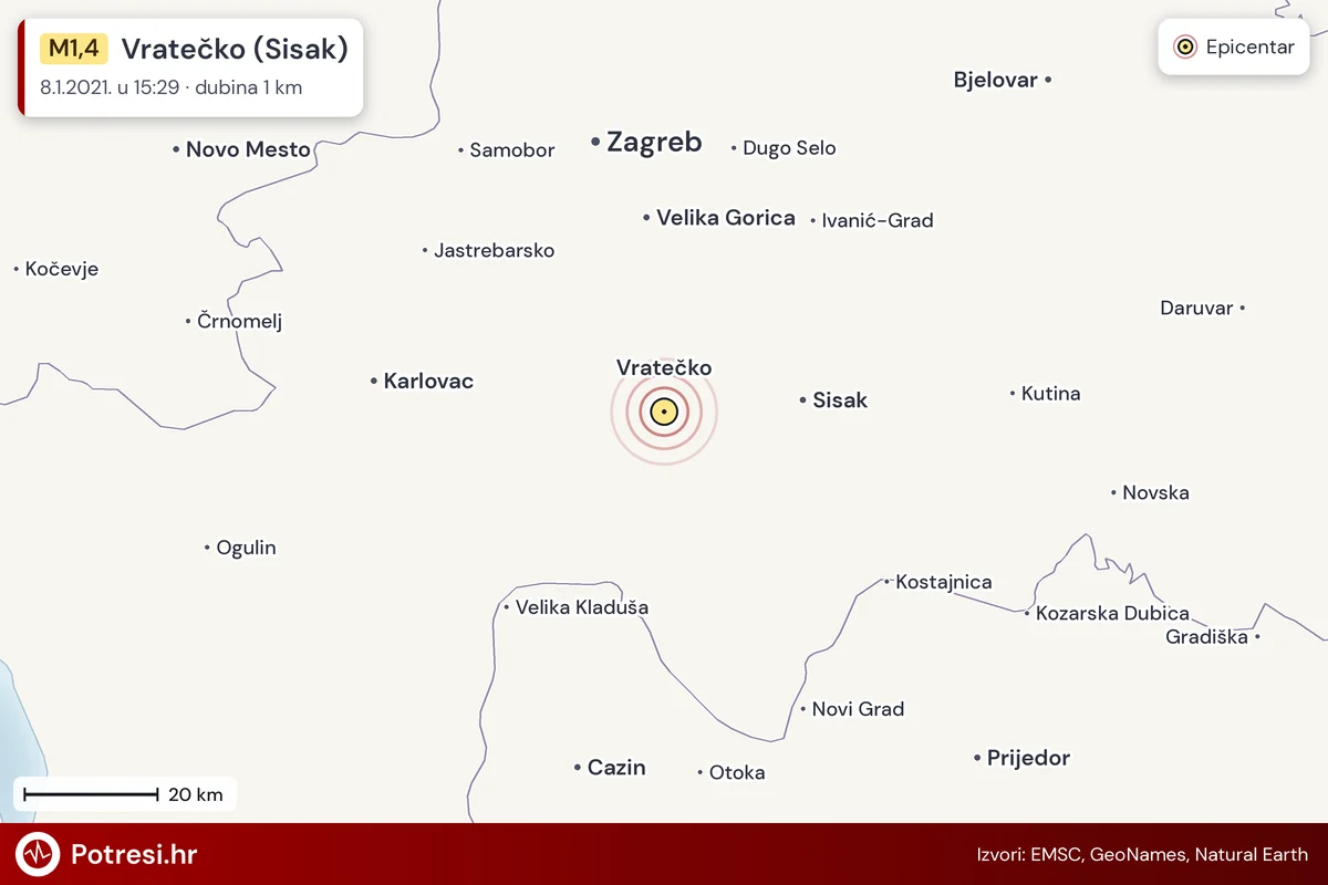 Karta: šire područje i vjerojatni doseg osjeta, potres M1,4, Vratečko (Sisak), 8.1.2021.
