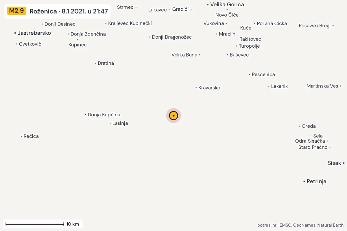 Karta: okolica epicentra, 60 km, potres M2,9, Roženica, 8.1.2021.