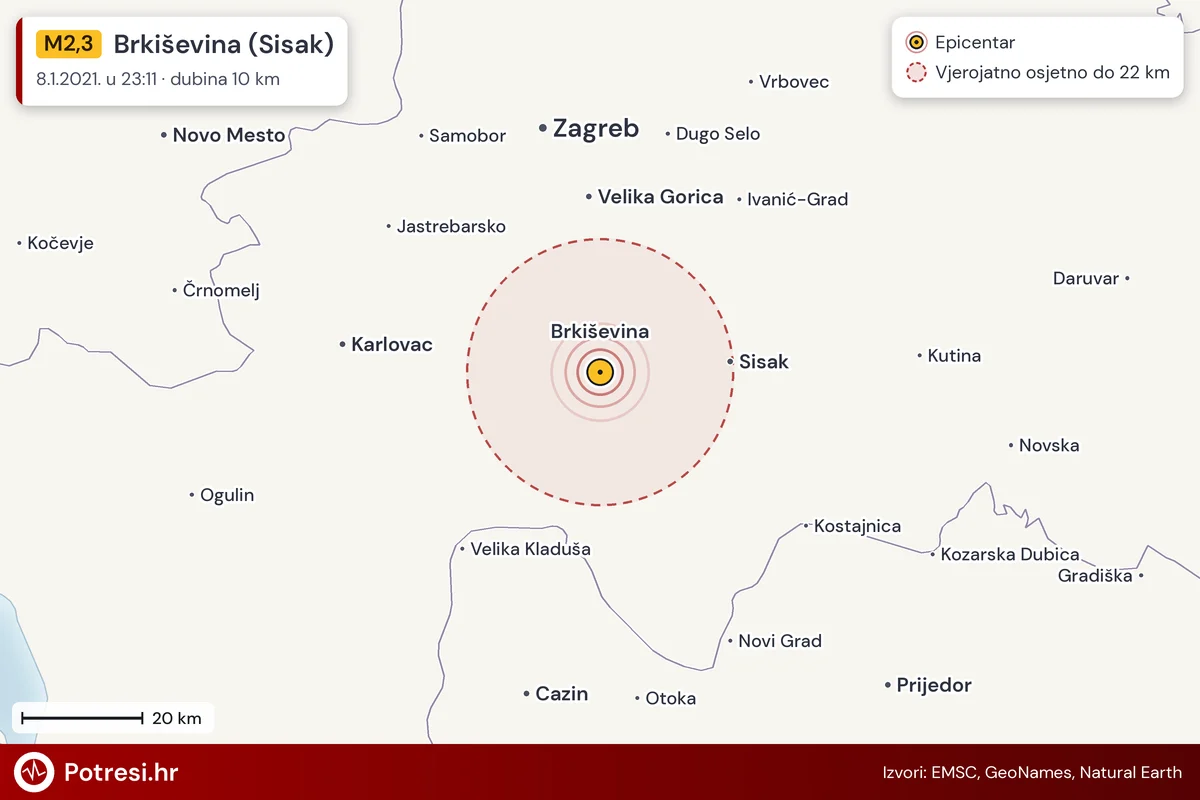 Karta: šire područje i vjerojatni doseg osjeta, potres M2,3, Brkiševina (Sisak), 8.1.2021.