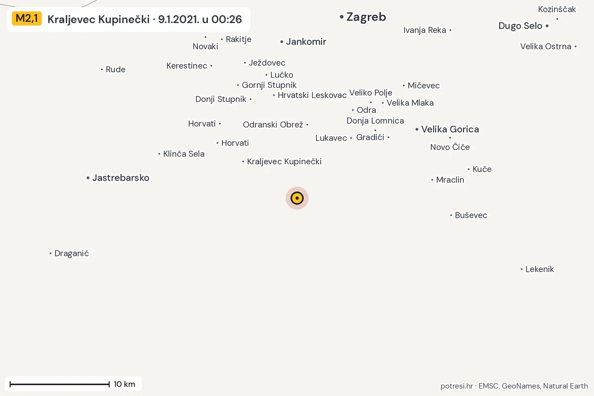 Karta: okolica epicentra, 60 km, potres M2,1, Kraljevec Kupinečki, 9.1.2021.
