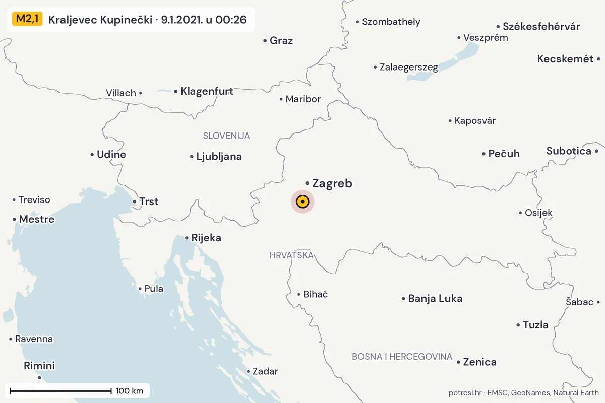 Karta: šire područje, 600 km, potres M2,1, Kraljevec Kupinečki, 9.1.2021.