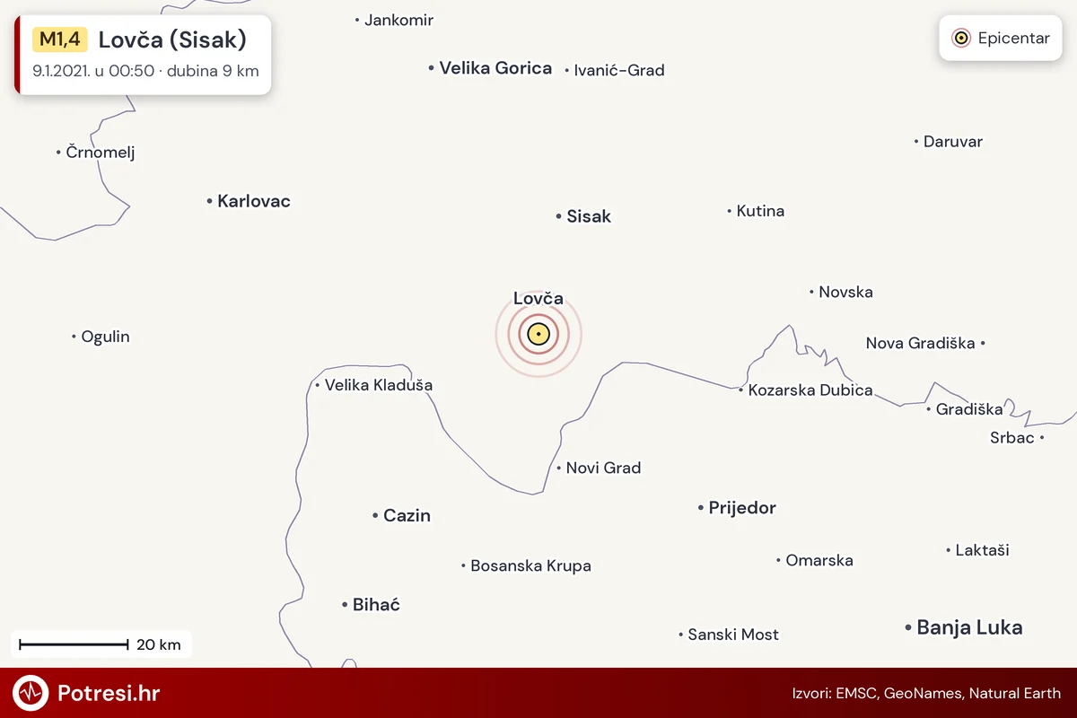 Karta: šire područje i vjerojatni doseg osjeta, potres M1,4, Lovča (Sisak), 9.1.2021.