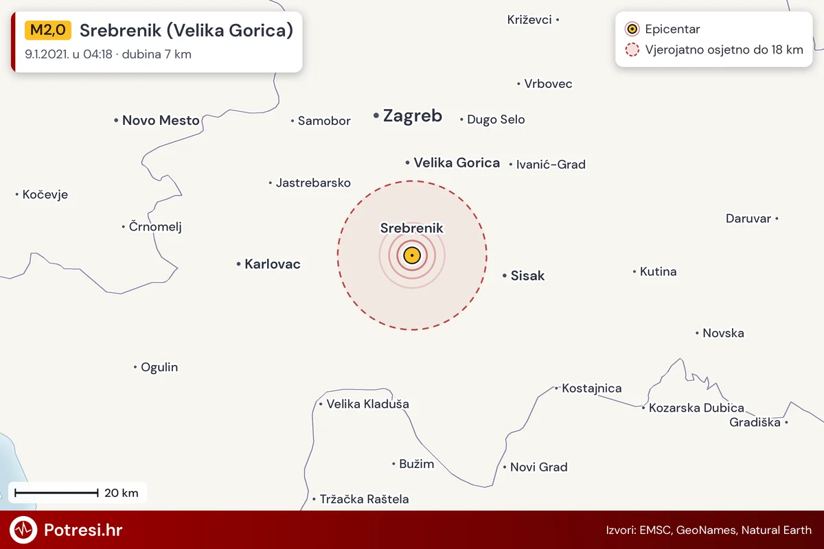 Karta: šire područje i vjerojatni doseg osjeta, potres M2,0, Srebrenik (Velika Gorica), 9.1.2021.