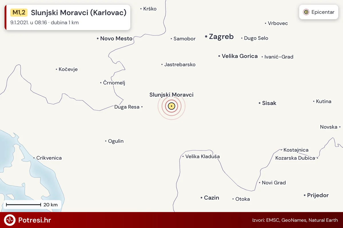 Karta: šire područje i vjerojatni doseg osjeta, potres M1,2, Slunjski Moravci (Karlovac), 9.1.2021.