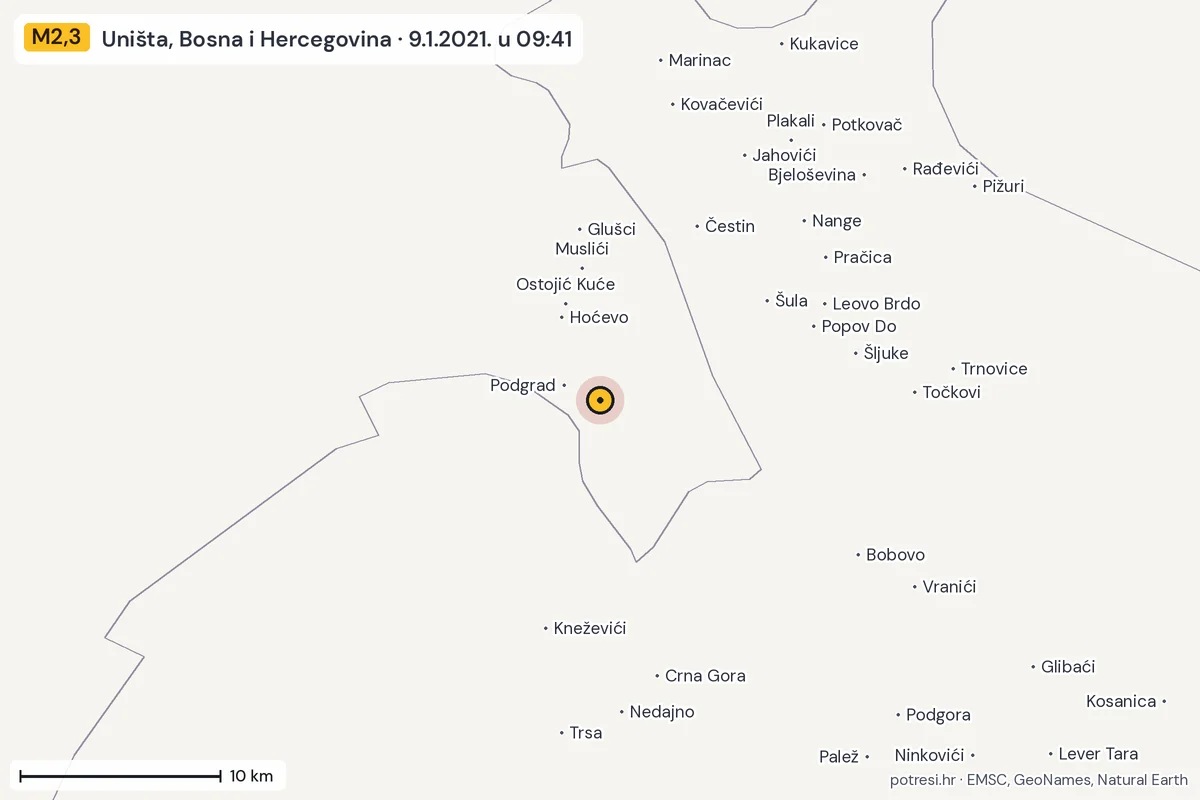 Karta: okolica epicentra, 60 km, potres M2,3, Uništa, Bosna i Hercegovina, 9.1.2021.
