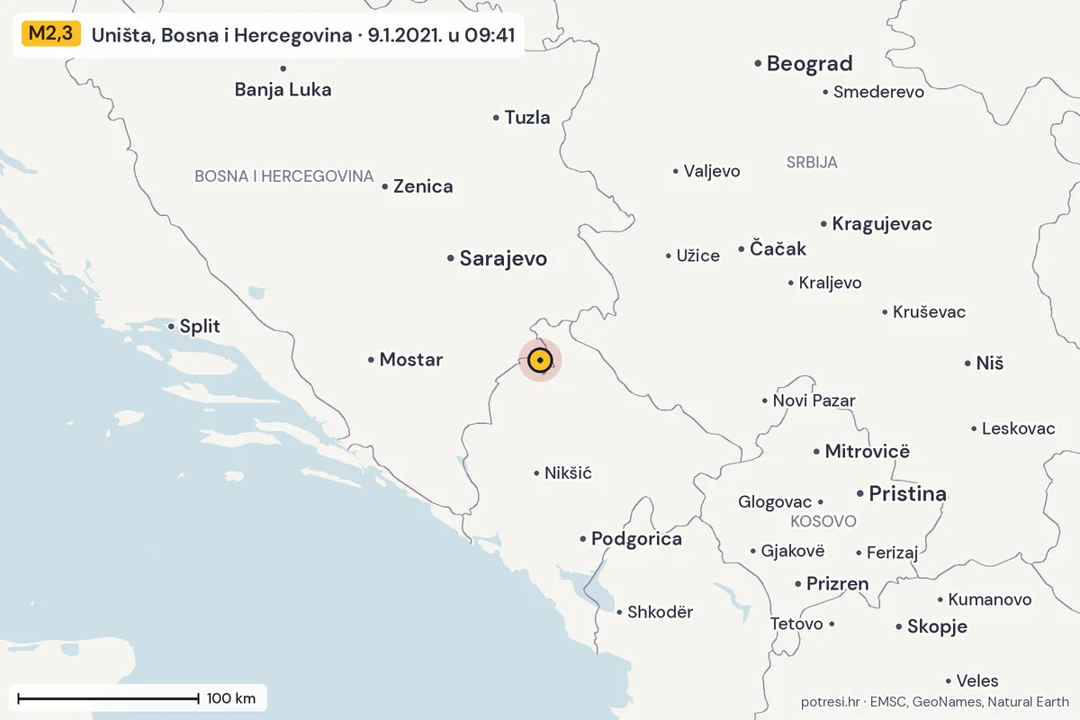 Karta: šire područje, 600 km, potres M2,3, Uništa, Bosna i Hercegovina, 9.1.2021.