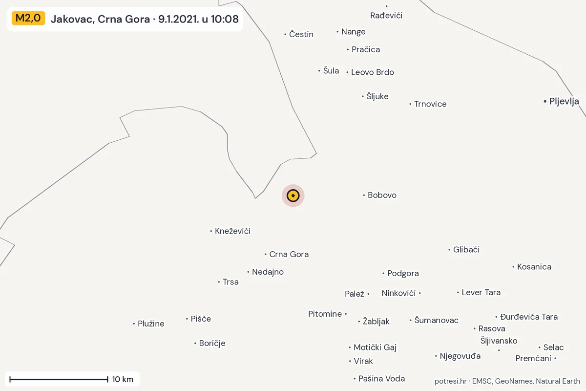 Karta: okolica epicentra, 60 km, potres M2,0, Jakovac, Crna Gora, 9.1.2021.