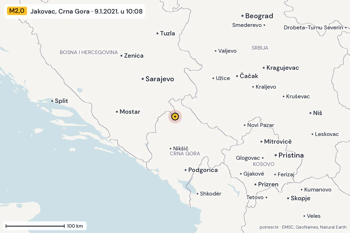 Karta: šire područje, 600 km, potres M2,0, Jakovac, Crna Gora, 9.1.2021.