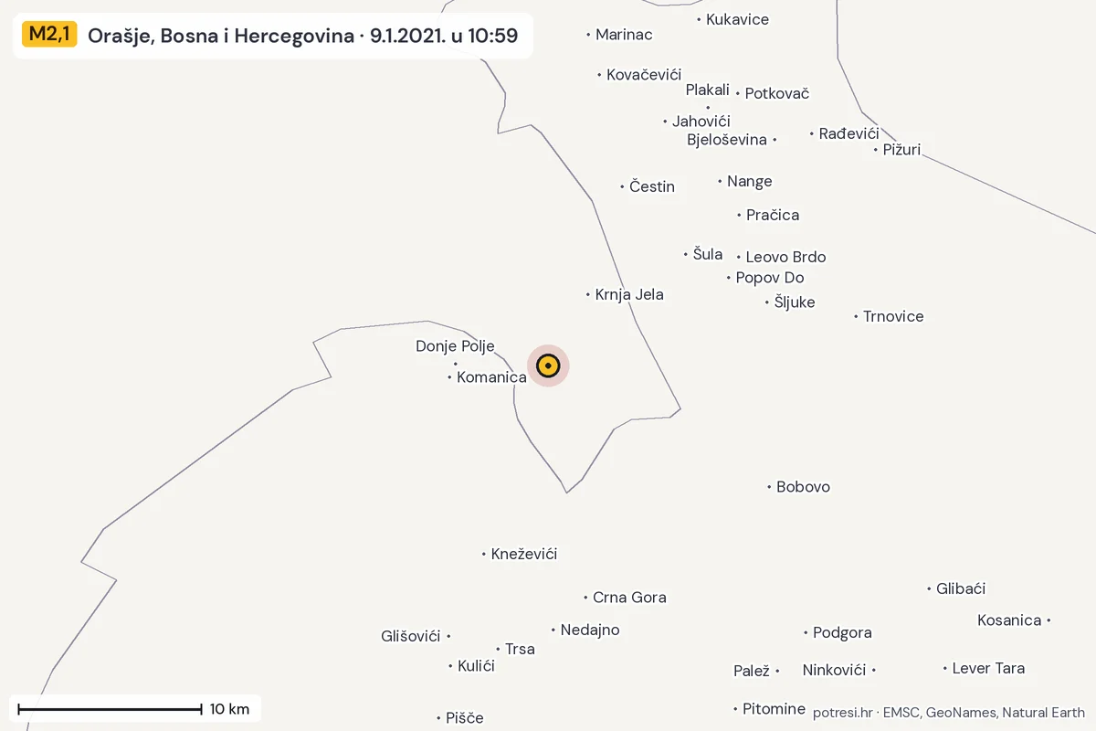 Karta: okolica epicentra, 60 km, potres M2,1, Orašje, Bosna i Hercegovina, 9.1.2021.
