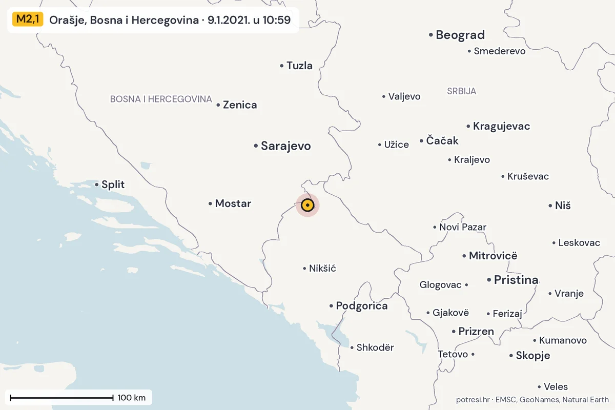 Karta: šire područje, 600 km, potres M2,1, Orašje, Bosna i Hercegovina, 9.1.2021.