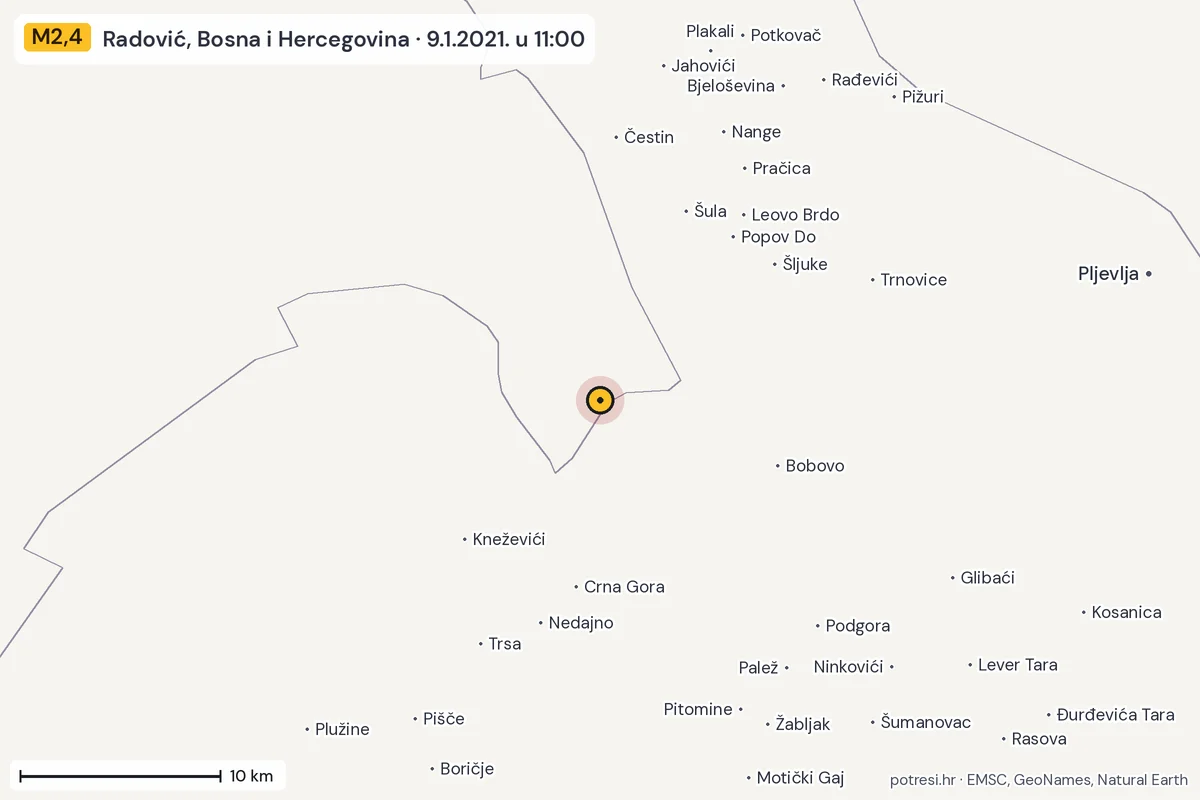 Karta: okolica epicentra, 60 km, potres M2,4, Radović, Bosna i Hercegovina, 9.1.2021.