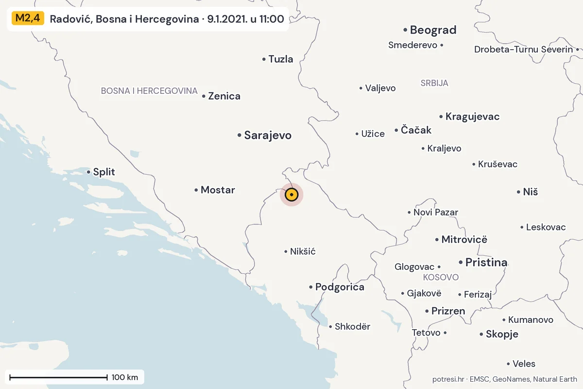 Karta: šire područje, 600 km, potres M2,4, Radović, Bosna i Hercegovina, 9.1.2021.