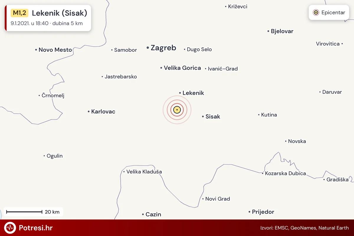 Karta: šire područje i vjerojatni doseg osjeta, potres M1,2, Lekenik (Sisak), 9.1.2021.