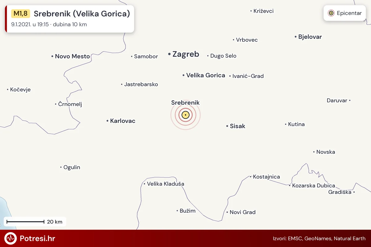 Karta: šire područje i vjerojatni doseg osjeta, potres M1,8, Srebrenik (Velika Gorica), 9.1.2021.