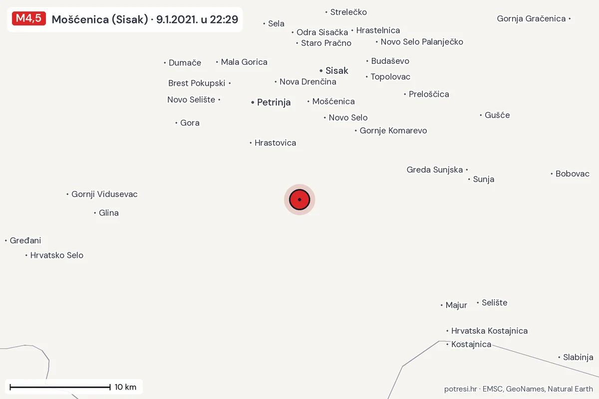Karta: okolica epicentra, 60 km, potres M4,5, Mošćenica (Sisak), 9.1.2021.