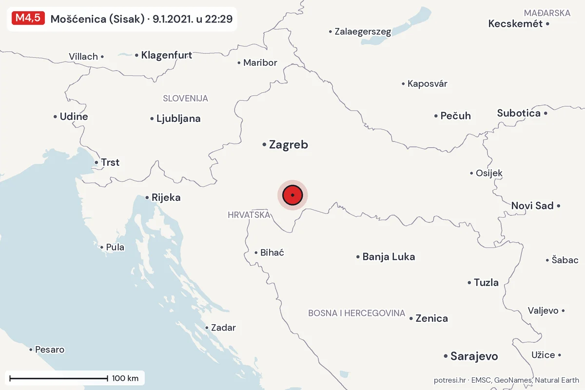 Karta: šire područje, 600 km, potres M4,5, Mošćenica (Sisak), 9.1.2021.