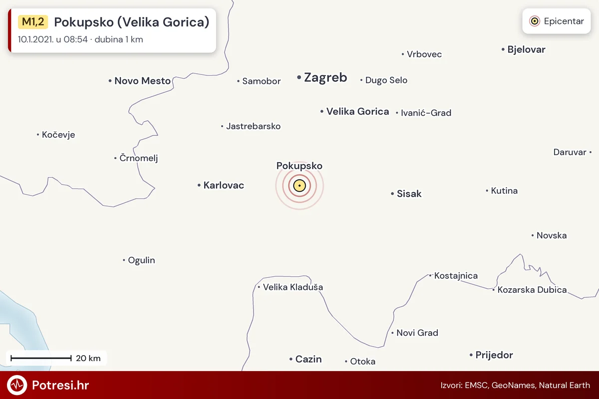 Karta: šire područje i vjerojatni doseg osjeta, potres M1,2, Pokupsko (Velika Gorica), 10.1.2021.