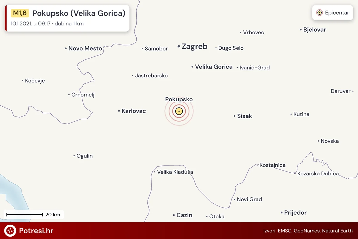 Karta: šire područje i vjerojatni doseg osjeta, potres M1,6, Pokupsko (Velika Gorica), 10.1.2021.