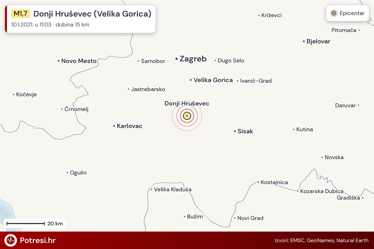 Karta: šire područje i vjerojatni doseg osjeta, potres M1,7, Donji Hruševec (Velika Gorica), 10.1.2021.