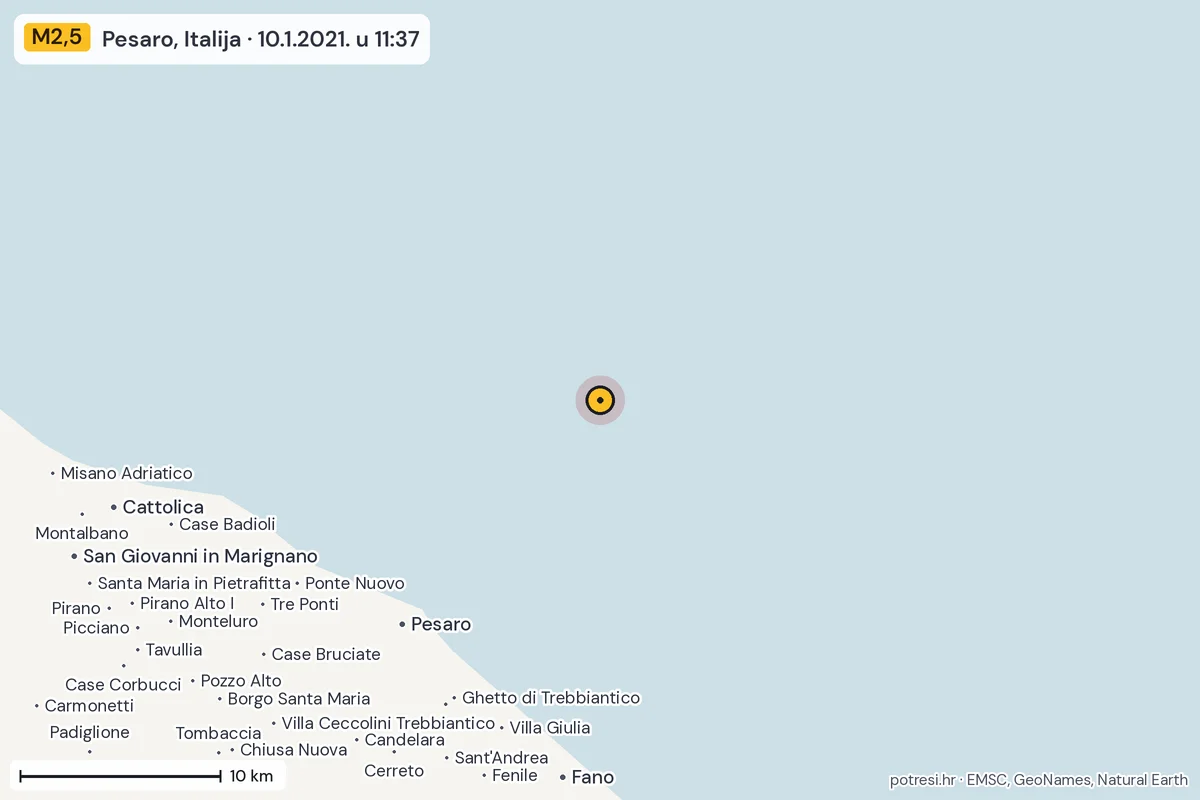 Karta: okolica epicentra, 60 km, potres M2,5, Pesaro, Italija, 10.1.2021.