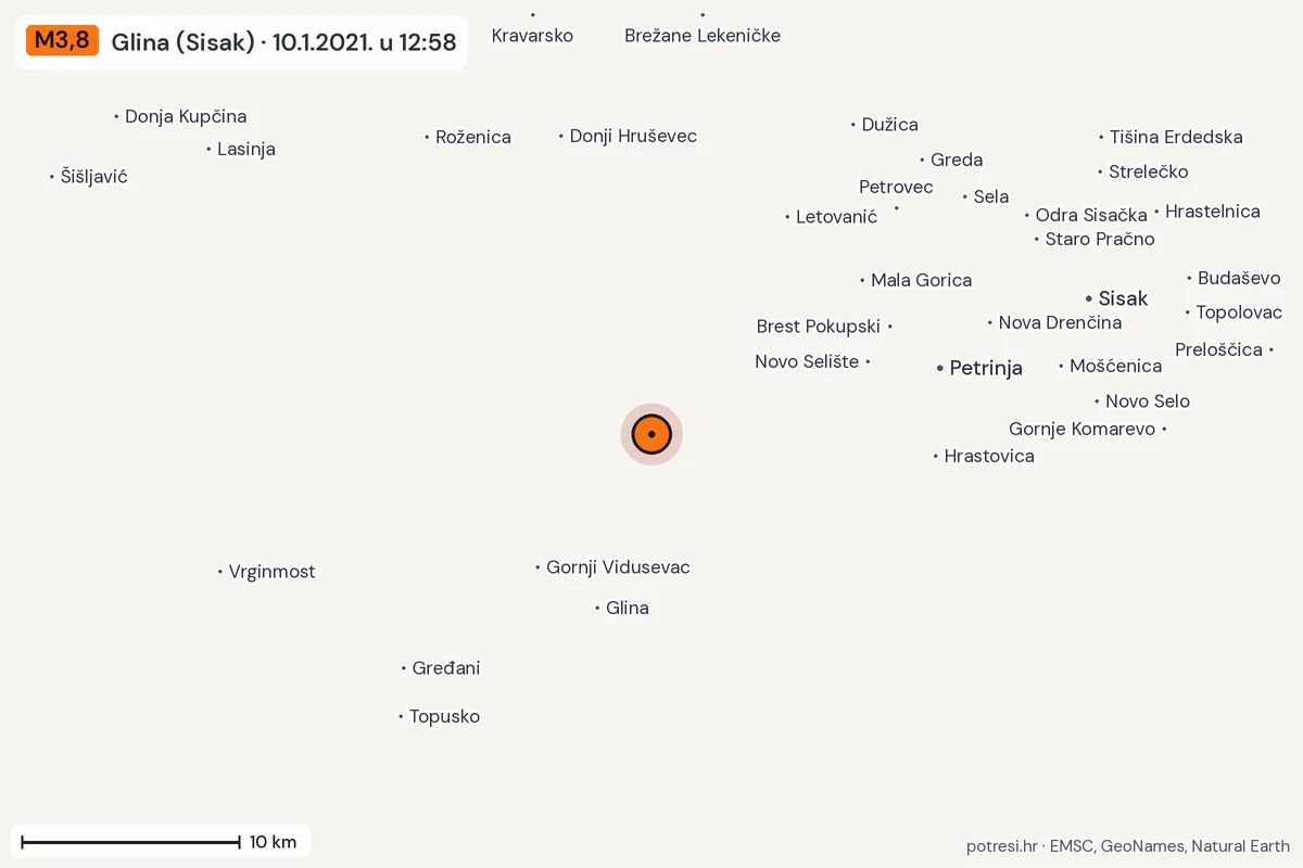 Karta: okolica epicentra, 60 km, potres M3,8, Glina (Sisak), 10.1.2021.