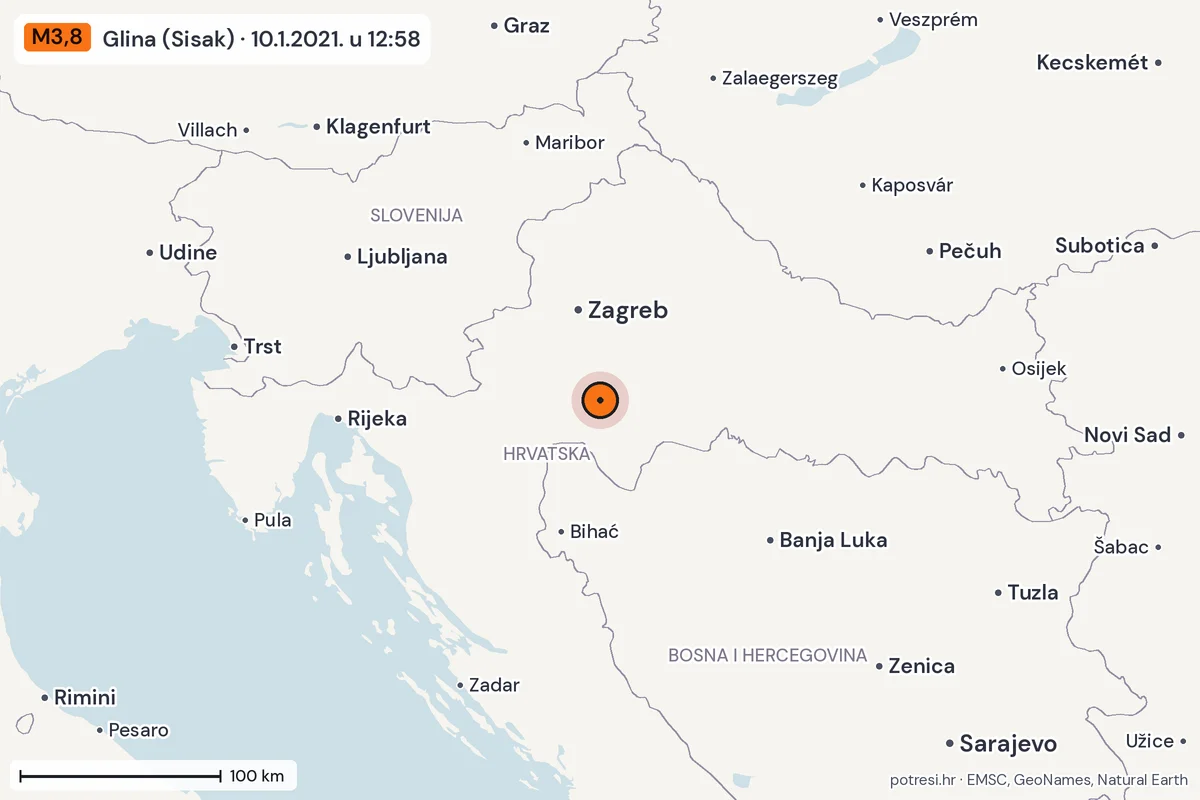 Karta: šire područje, 600 km, potres M3,8, Glina (Sisak), 10.1.2021.