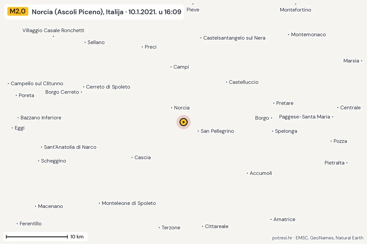 Karta: okolica epicentra, 60 km, potres M2,0, Norcia (Ascoli Piceno), Italija, 10.1.2021.