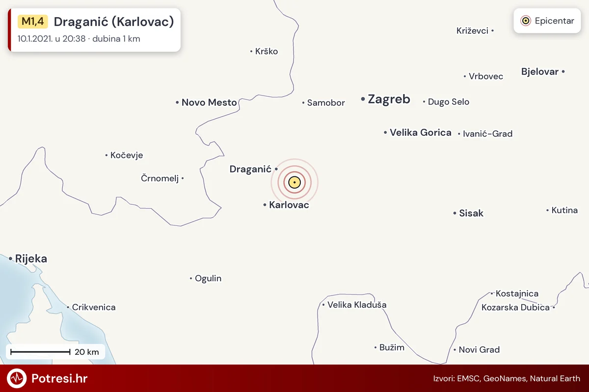 Karta: šire područje i vjerojatni doseg osjeta, potres M1,4, Draganić (Karlovac), 10.1.2021.