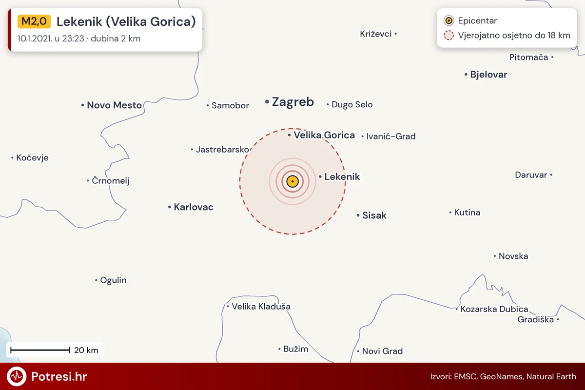 Karta: šire područje i vjerojatni doseg osjeta, potres M2,0, Lekenik (Velika Gorica), 10.1.2021.