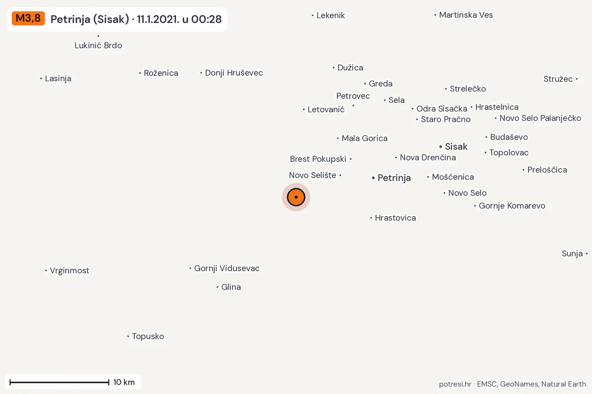 Karta: okolica epicentra, 60 km, potres M3,8, Petrinja (Sisak), 11.1.2021.