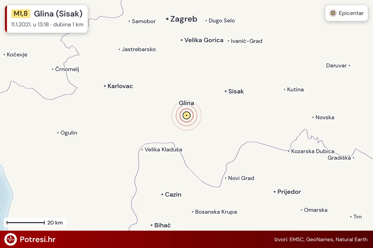 Karta: šire područje i vjerojatni doseg osjeta, potres M1,8, Glina (Sisak), 11.1.2021.