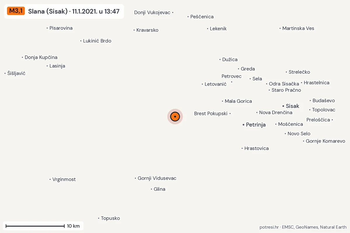 Karta: okolica epicentra, 60 km, potres M3,1, Slana (Sisak), 11.1.2021.