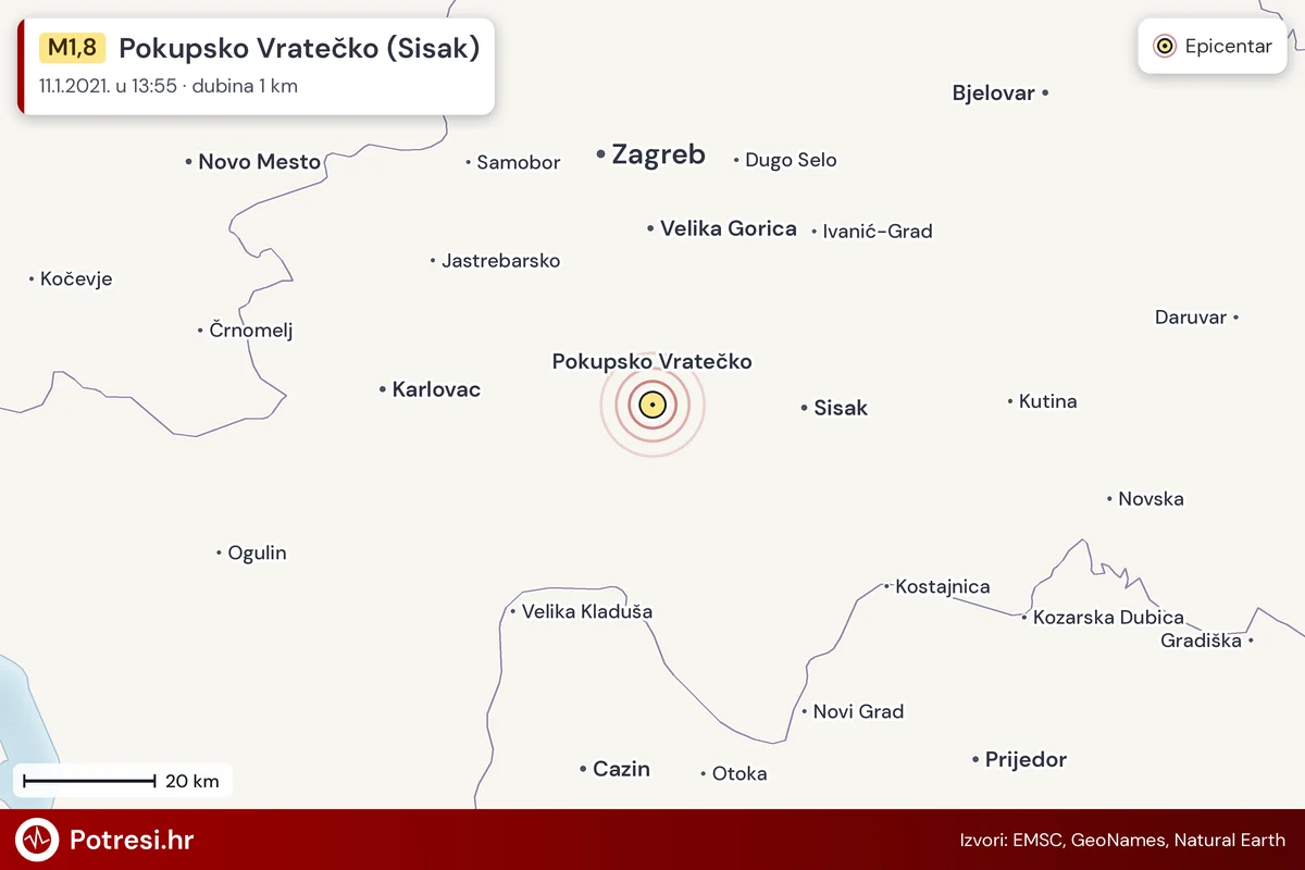 Karta: šire područje i vjerojatni doseg osjeta, potres M1,8, Pokupsko Vratečko (Sisak), 11.1.2021.