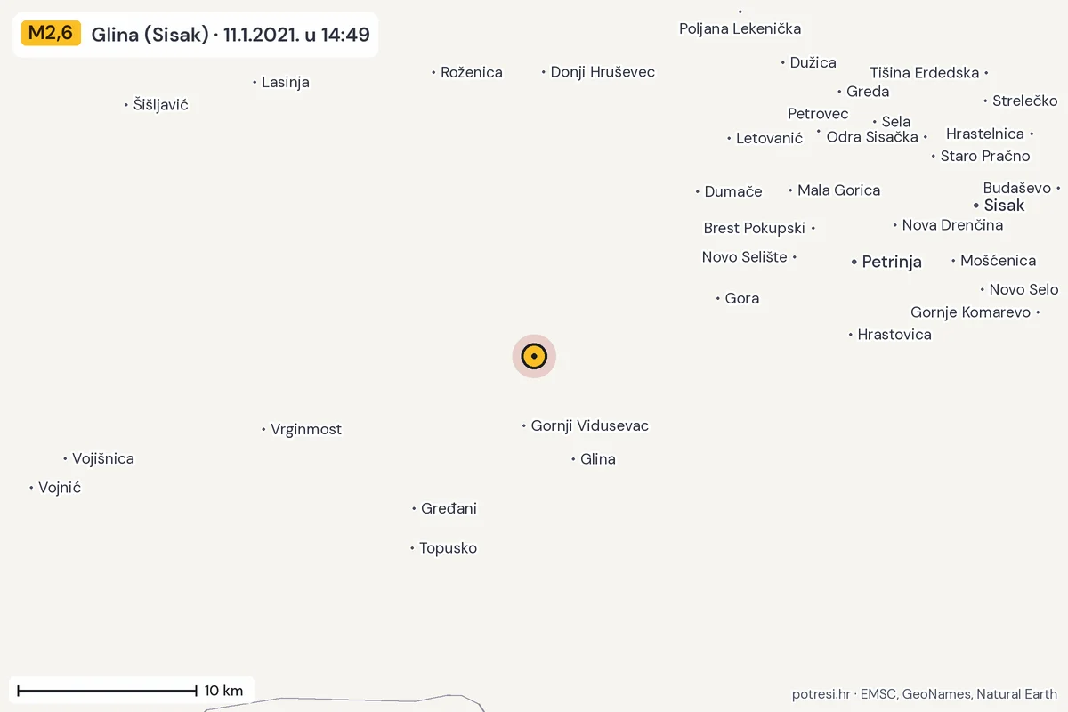 Karta: okolica epicentra, 60 km, potres M2,6, Glina (Sisak), 11.1.2021.