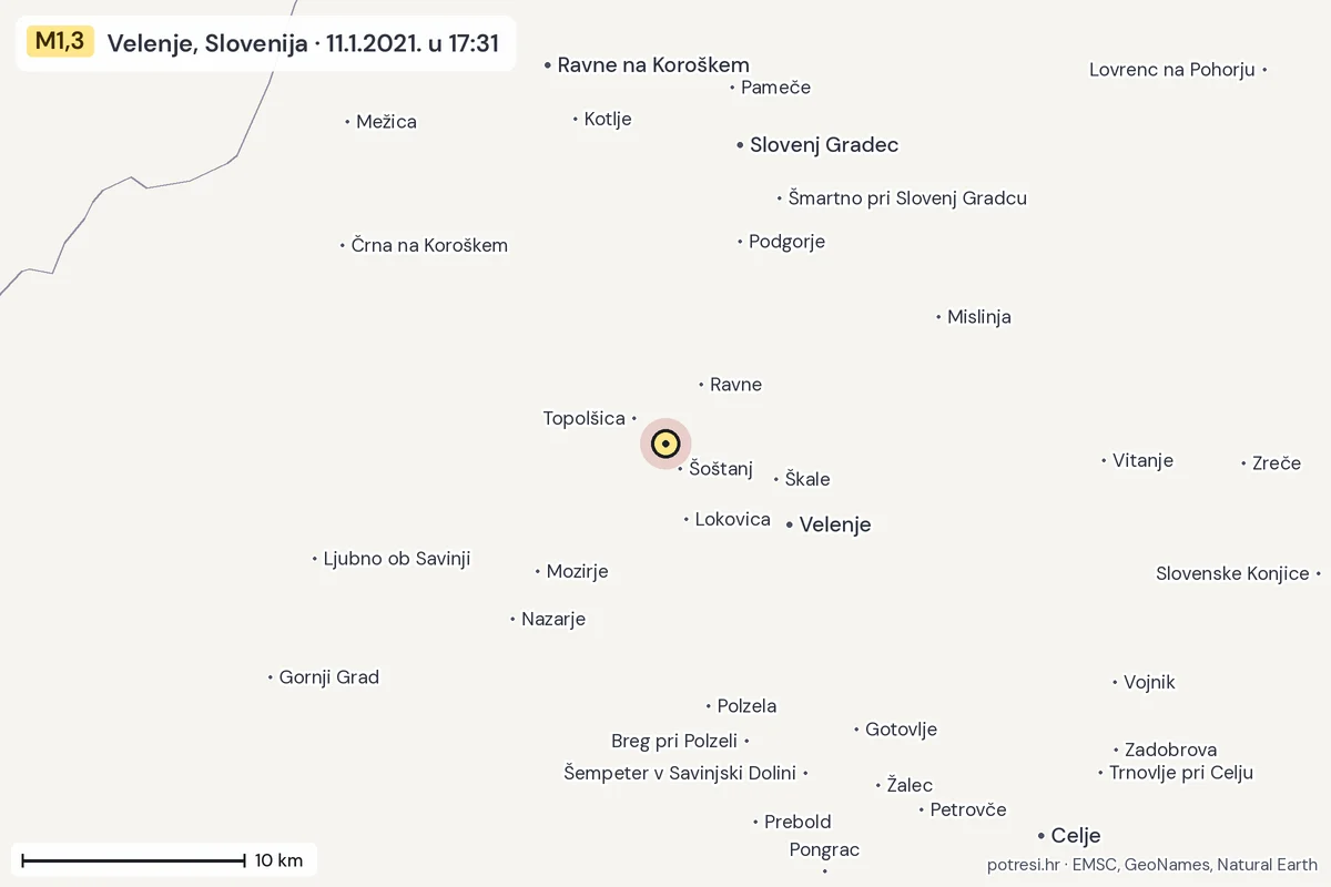 Karta: okolica epicentra, 60 km, potres M1,3, Velenje, Slovenija, 11.1.2021.