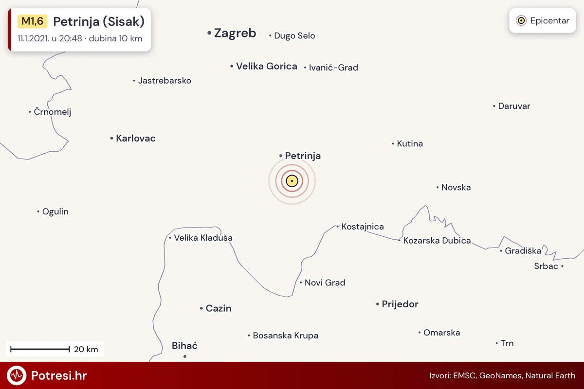 Karta: šire područje i vjerojatni doseg osjeta, potres M1,6, Petrinja (Sisak), 11.1.2021.