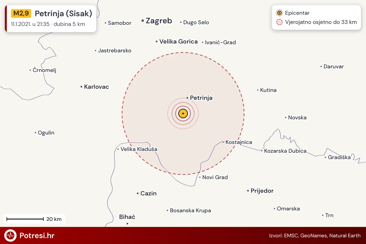 Karta: šire područje i vjerojatni doseg osjeta, potres M2,9, Petrinja (Sisak), 11.1.2021.