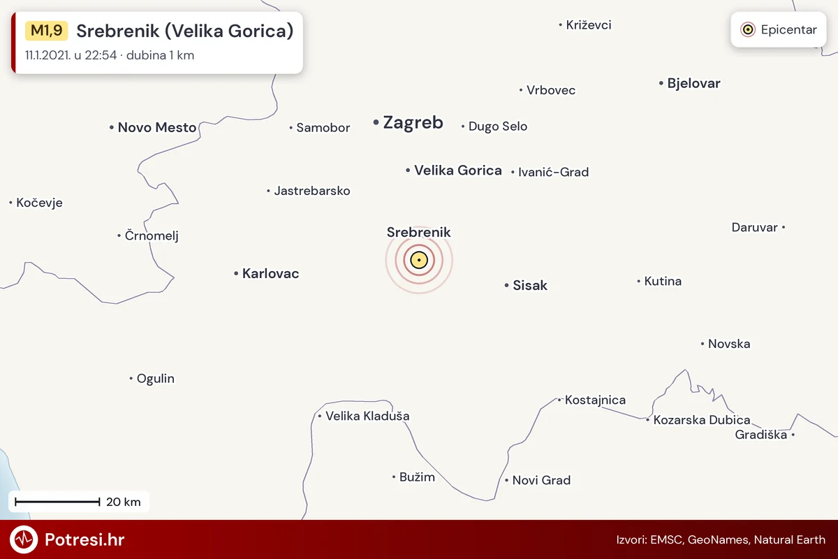 Karta: šire područje i vjerojatni doseg osjeta, potres M1,9, Srebrenik (Velika Gorica), 11.1.2021.