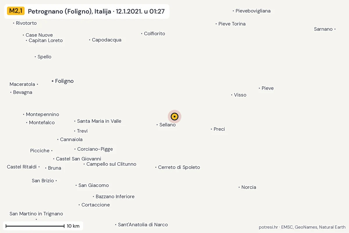 Karta: okolica epicentra, 60 km, potres M2,1, Petrognano (Foligno), Italija, 12.1.2021.