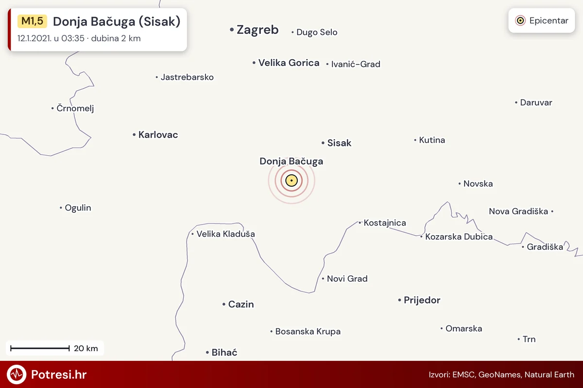 Karta: šire područje i vjerojatni doseg osjeta, potres M1,5, Donja Bačuga (Sisak), 12.1.2021.