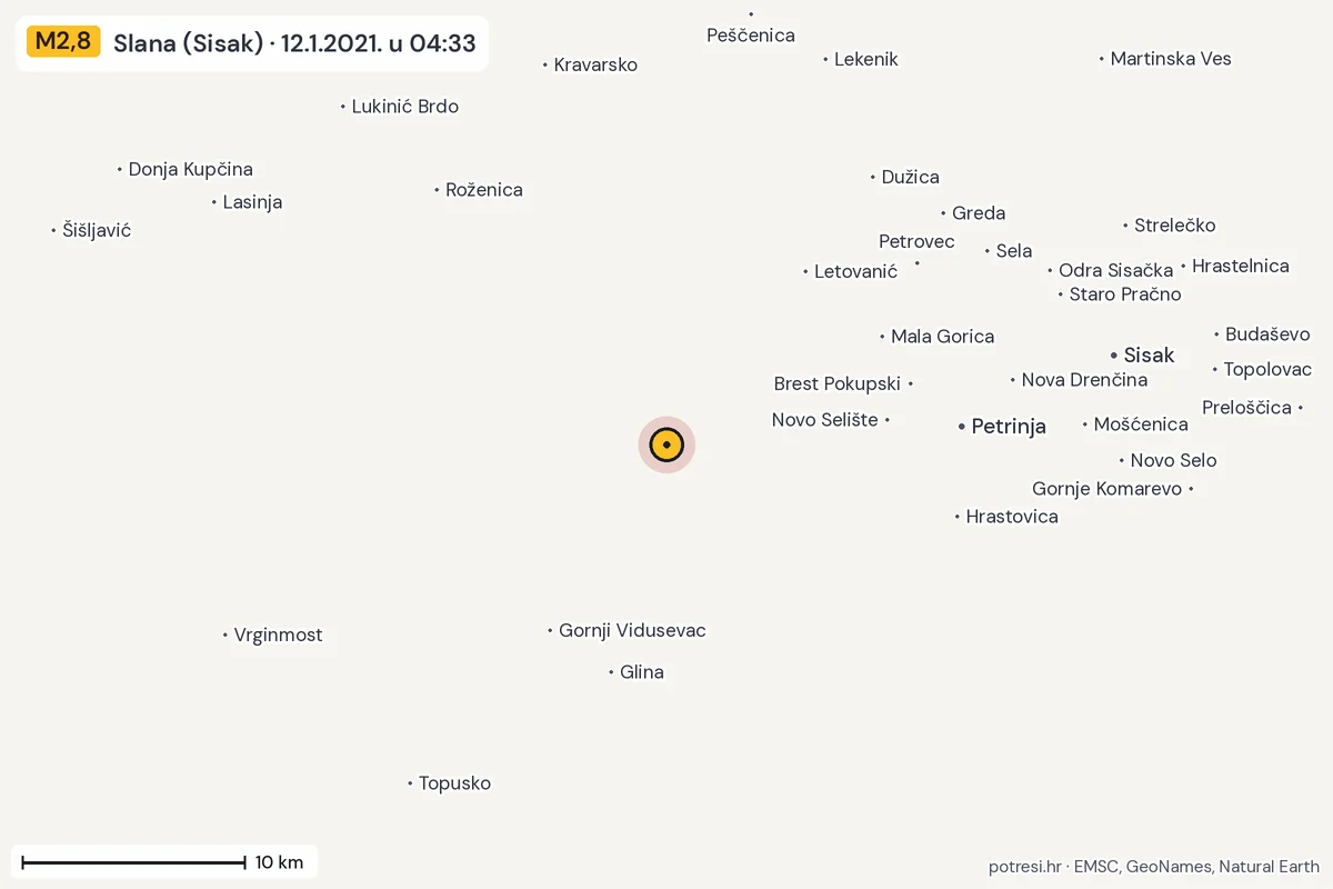 Karta: okolica epicentra, 60 km, potres M2,8, Slana (Sisak), 12.1.2021.