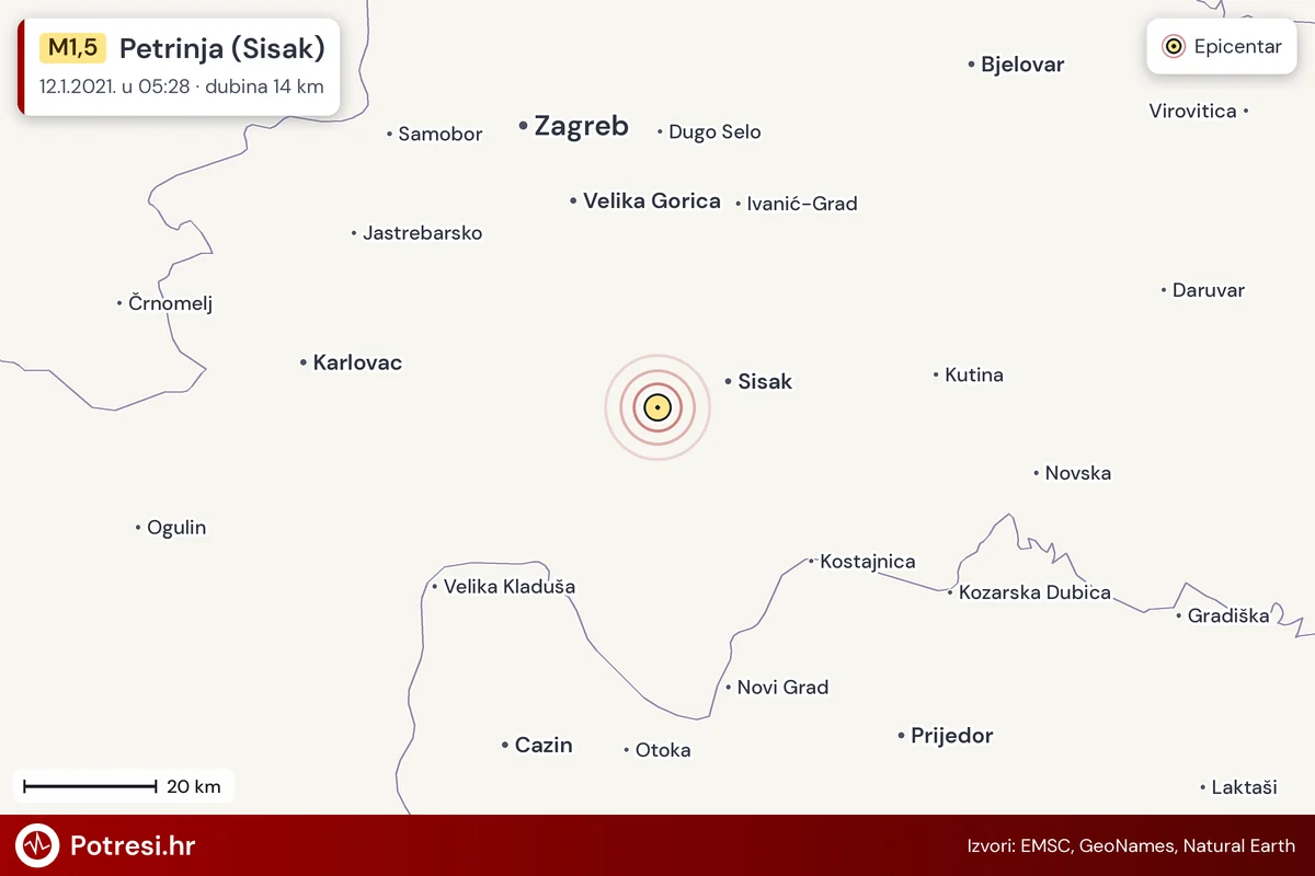 Karta: šire područje i vjerojatni doseg osjeta, potres M1,5, Petrinja (Sisak), 12.1.2021.