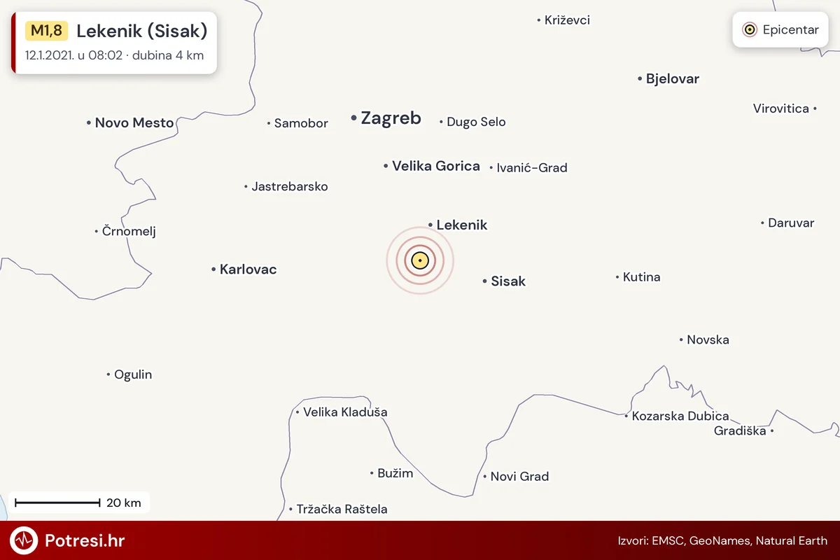 Karta: šire područje i vjerojatni doseg osjeta, potres M1,8, Lekenik (Sisak), 12.1.2021.