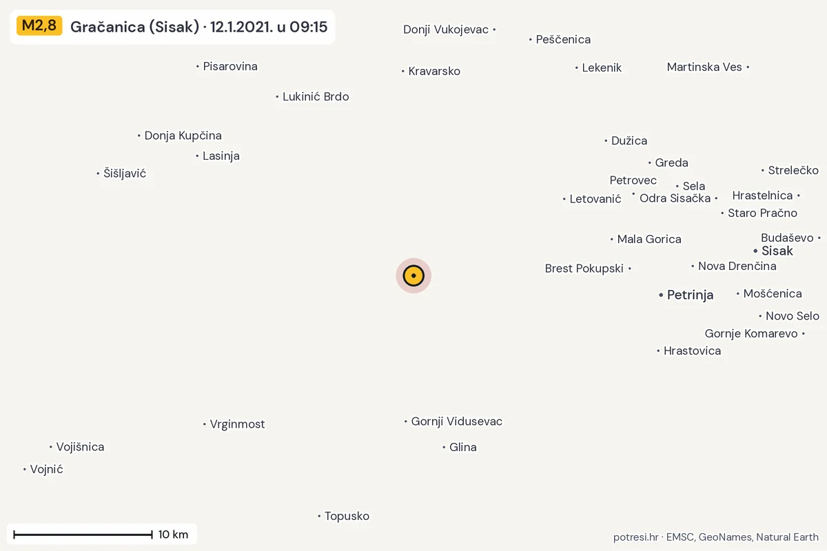 Karta: okolica epicentra, 60 km, potres M2,8, Gračanica (Sisak), 12.1.2021.